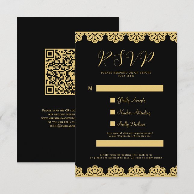 Cartão RSVP de Código QR Islâmico Elegante Dourado (Frente/Verso)
