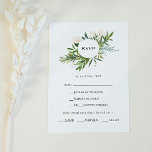 Cartão RSVP de Escolha do Menu Verde Oleícola Eleg<br><div class="desc">Esta elegante carta de cardápio de oliveira verde, é perfeita para o seu casamento de boho de verão. É desenhado com uma aquarela verde esmeralda e folhas de cor sara, toques de ouro botânico, flores cor-de-rosa pinceladas e uma simples tipografia da safra preta. Todos esses elementos se combinam para um...</div>