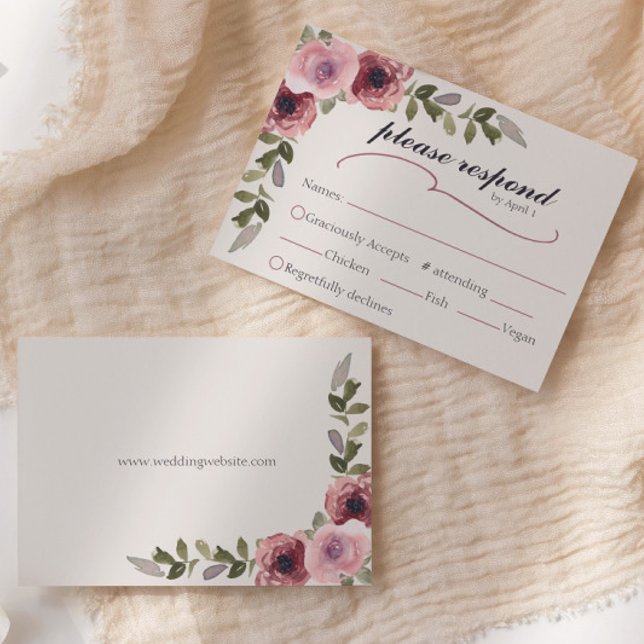 Cartão RSVP de Evento de Casamento de Flor Cor-de- (Watercolor floral pink rose with leaves RSVP response card with wedding website on back)