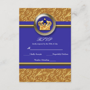 Cartão RSVP de Evento Elegante da Coroa Azul Doura