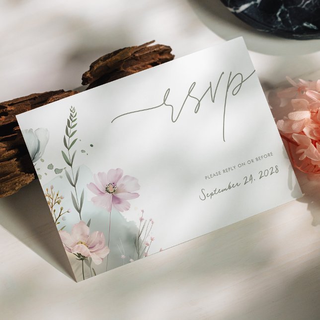 Cartão RSVP de Flor Selvagem Elegante | Floral de  (Elegant Wildflower RSVP Card | Watercolor Floral Personalized)