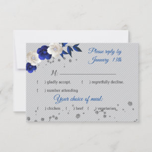 cartão rsvp de flores brancas azuis reais cinzas