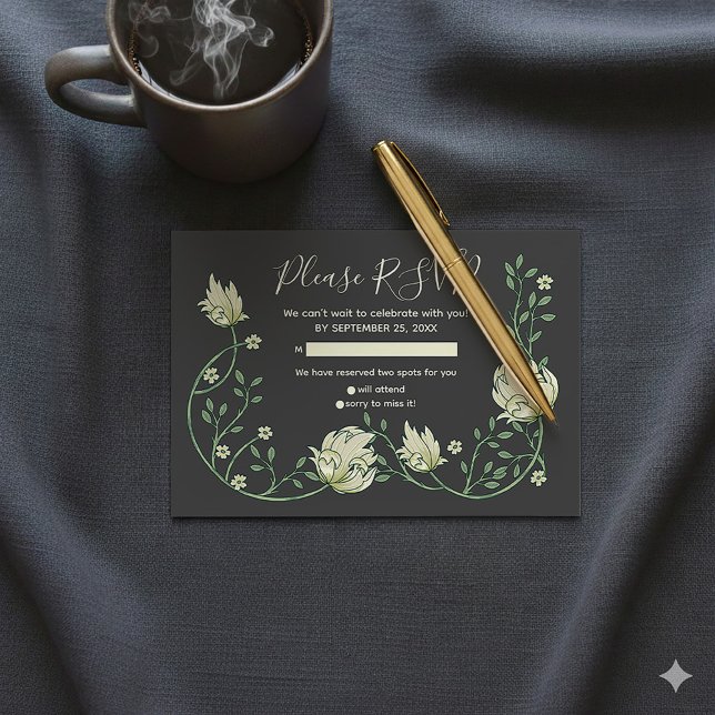 cartão Rsvp de flores de arte nouveau bonito (Ready to fill pretty art nouveau flowers rsvp card.)