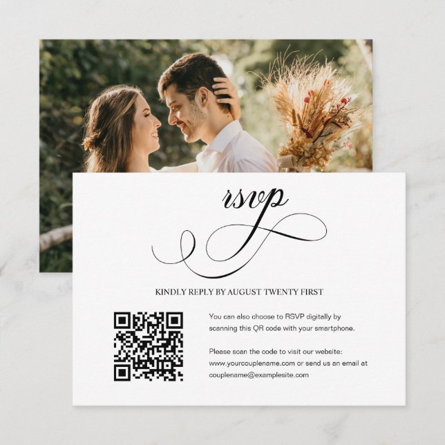 Cartão RSVP de Foto de Código QR de Casamento de S (Frente/Verso)
