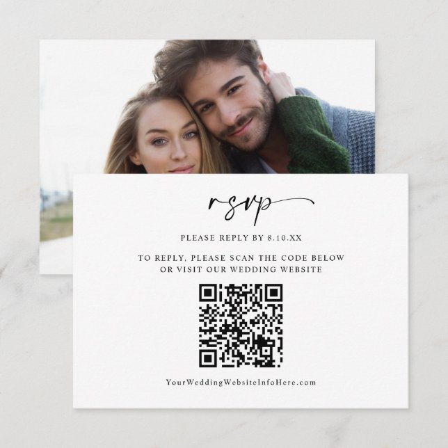 Cartão RSVP de Foto de Código QR de Casamento Míni (Frente/Verso)