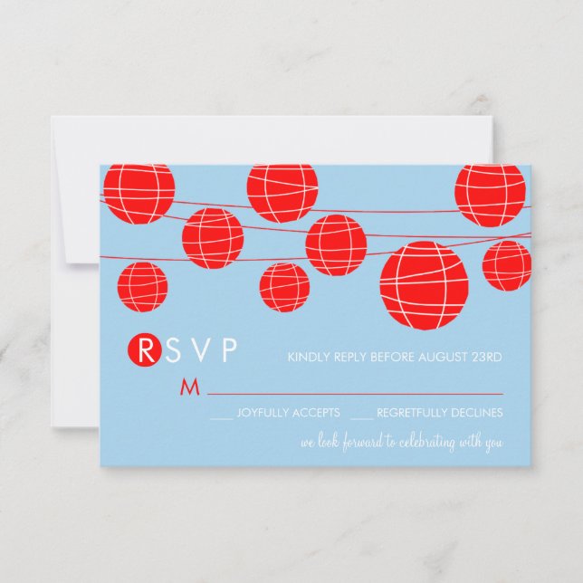 Cartão RSVP de Lanternas de Papel Azul e Vermelho  (Frente)