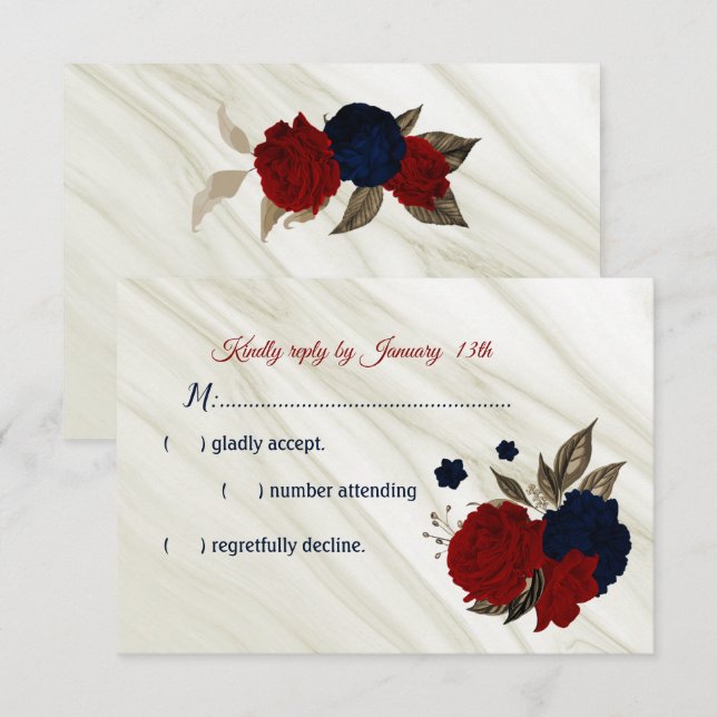Cartão RSVP de mármore de flores de marinho e burg (Frente/Verso)