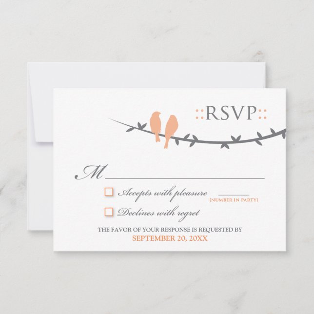 Cartão RSVP de Pássaros de Amor (coral e branco) (Frente)