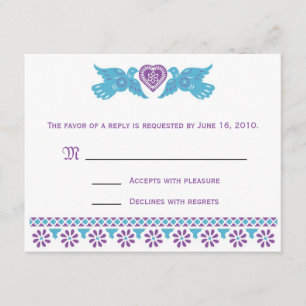 Cartão RSVP de Pássaros de Amor - roxo e azul