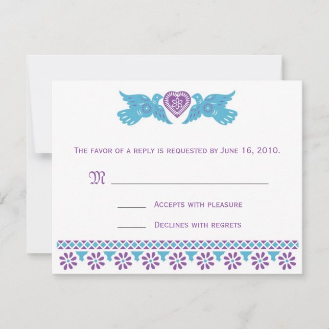Cartão RSVP de Pássaros de Amor - roxo e azul (Frente)