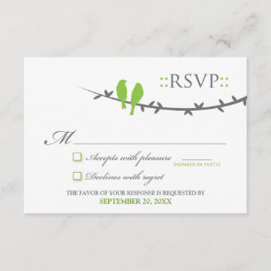 Cartão RSVP de Pássaros de Amor (verde limão e bra