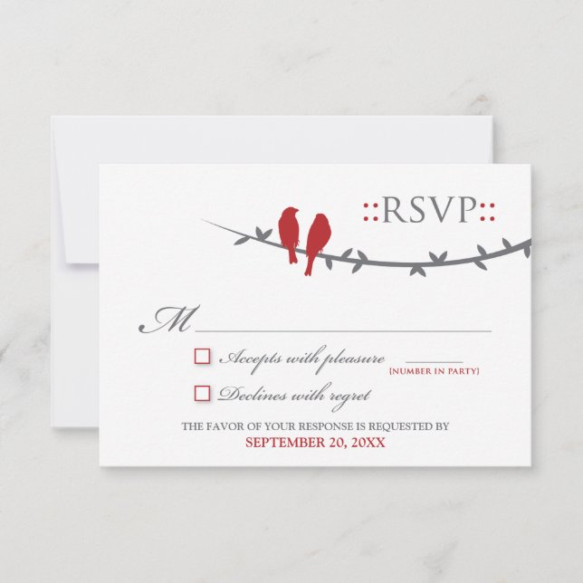 Cartão RSVP de Pássaros de Amor (vermelho e branco (Frente)
