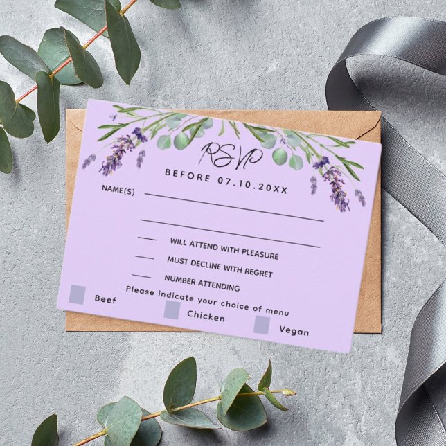 Cartão RSVP de resposta do menu de casamento viole (Criador carregado)