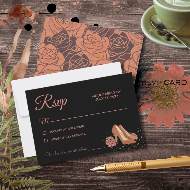 Cartão RSVP de Rosa de Cobre Elegante Quinceañera (Elegant Vintage Copper Rose Quinceañera RSVP Card)