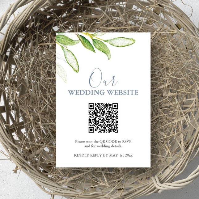 Cartão RSVP de Site de Casamento Botânico com Códi (rsvp card wedding website QR code watercolor greenery art by Victoria Grigaliunas of Do Tell A Belle)
