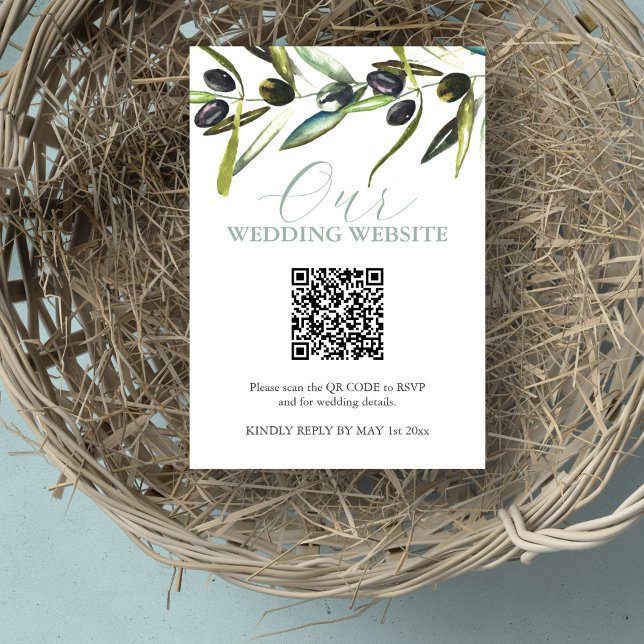 Cartão RSVP de Site de Casamento Botânico com Códi (Wedding website rsvp card QR code watercolor olive branch by Victoria Grigaliunas of Do Tell A Belle)