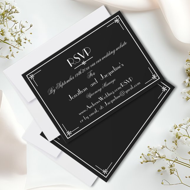 Cartão RSVP de Site de Casamento Branco e Preto de (Luxury Black And White Wedding Website RSVP Card.)