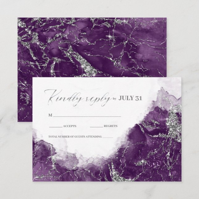 Cartão RSVP Debbie U-W Marble Glitter Wedding Plum Slvr ID644 (Frente/Verso)