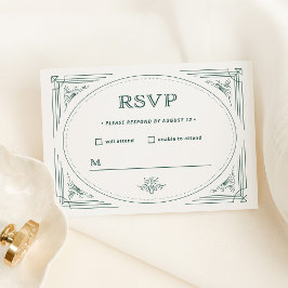 Cartão RSVP Deco Moderno | Casamento Branco e Verde Prateado C