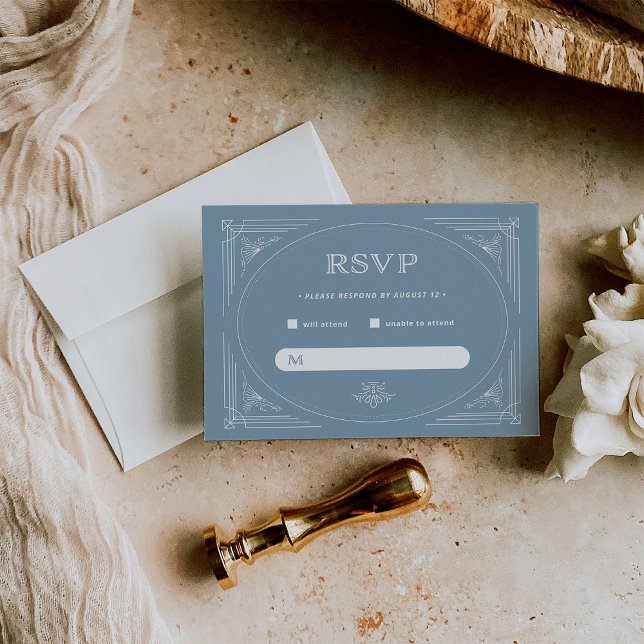 Cartão RSVP Deco Moderno | Casamento de Elegante Azul e Branco (Criador carregado)