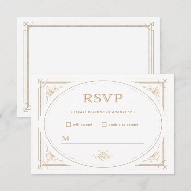 Cartão RSVP Deco Moderno | Casamento Dourado e Branco elegante (Frente/Verso)