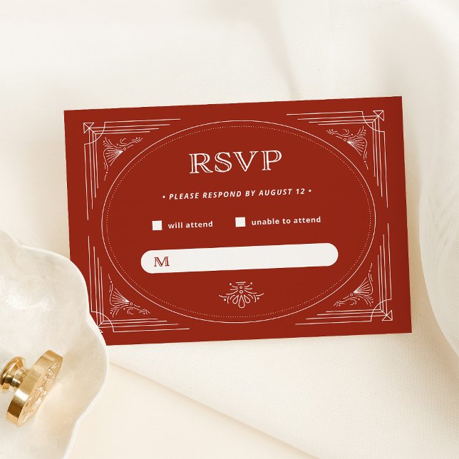 Cartão RSVP Deco Moderno | Casamento Elegante de Feriado Verme (An elegant red rsvp card for your Christmas holiday wedding)