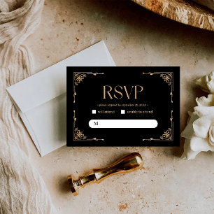Cartão RSVP Deco Moderno Casamento Elegante em Preto e Doura