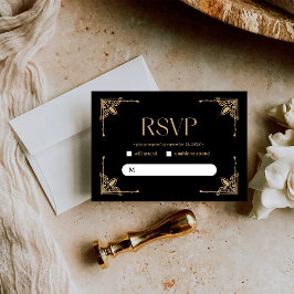 Cartão RSVP Deco Moderno | Casamento Elegante em Preto e Doura