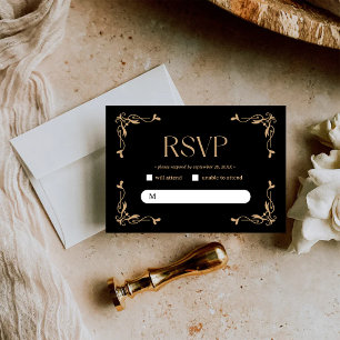 Cartão RSVP Deco Moderno Casamento Elegante em Preto e Doura