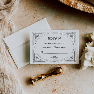 Cartão RSVP Deco Moderno Casamento negro e branco legante