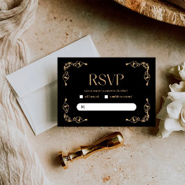 Cartão RSVP Deco Moderno | Casamento negro e Dourado legante