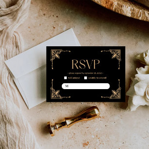 Cartão RSVP Deco Moderno   Casamento negro e Dourado legante