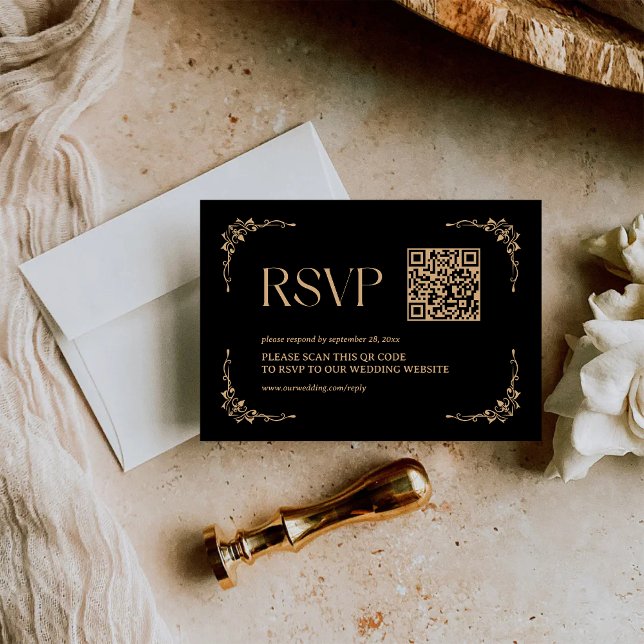Cartão RSVP Deco Moderno | Código QR de Casamento Preto e Dour (Modern deco black and gold QR code RSVP card simplifies replies with sleek personalized elegance)