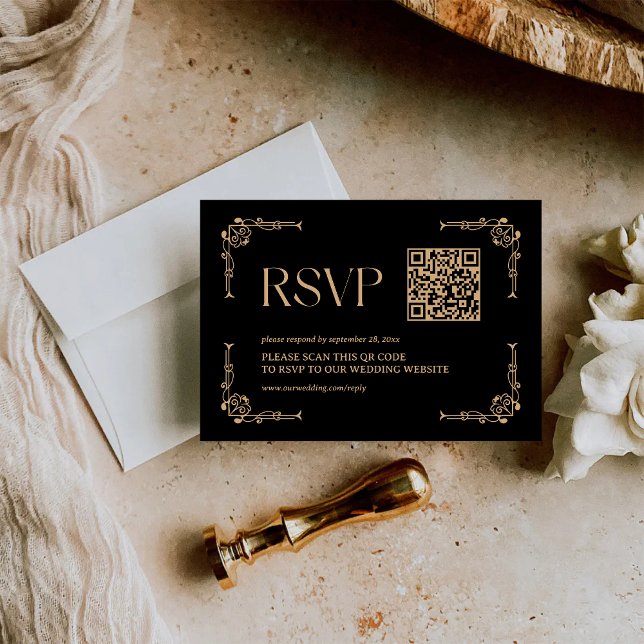 Cartão RSVP Deco Moderno | Código QR de Casamento Preto e Dour (Modern deco black and gold QR code RSVP card makes guest replies quick and elegantly seamless)