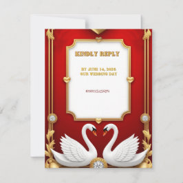 Cartão RSVP Decoração de Casal de Noivos Cisne Dourado Vermelh