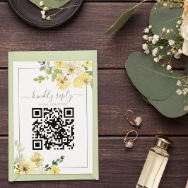 Cartão RSVP Delicado Amarelo Sage Código QR Casamento de Verão