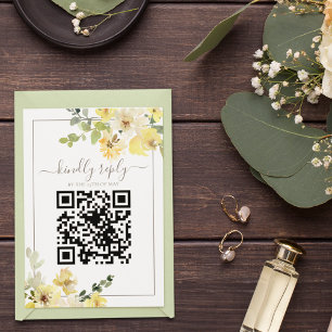 Cartão RSVP Delicado Amarelo Sage Código QR Casamento de Verão