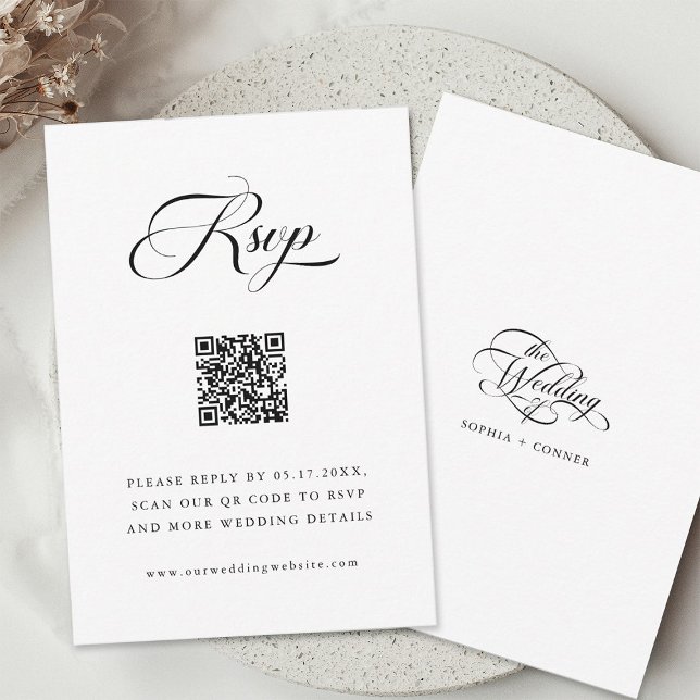Cartão RSVP Delicado Script Elegante Casamento Preto e Branco (Front & Back)