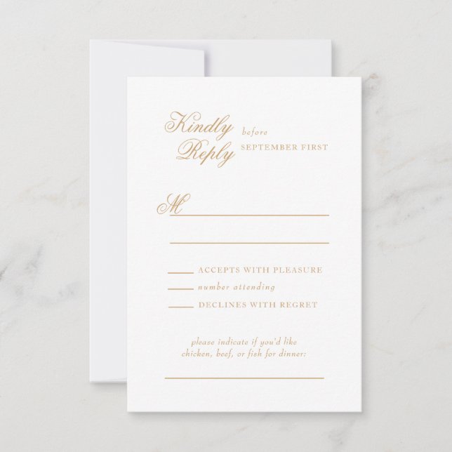 Cartão RSVP Delicar Casamento de Preto, Marfim e Script Dourad (Frente)