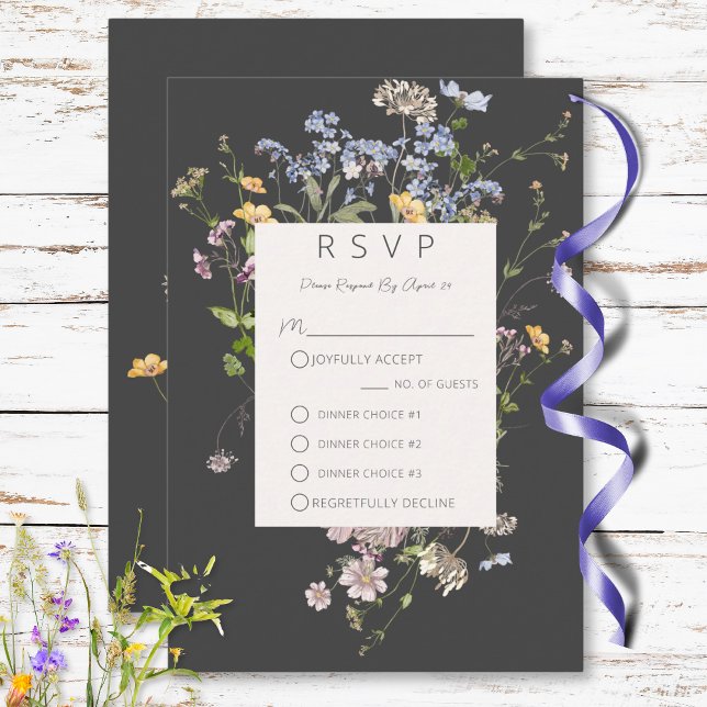 Cartão RSVP Delicate Boho Wildflower Charcar Três Jantar (Delicate Boho Wildflowers Charcoal Three Dinner RSVP Card)
