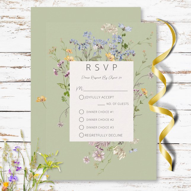 Cartão RSVP Delicate Boho Wildflower Green 3 Janto (Delicate Boho Wildflowers Green Three Dinner RSVP Card)