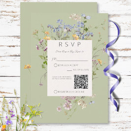 Cartão RSVP Delicate Boho Wildflower Green Código QR Casamento