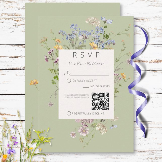 Cartão RSVP Delicate Boho Wildflower Green Código QR Casamento (Delicate Boho Wildflowers Green QR Code Wedding RSVP Card)
