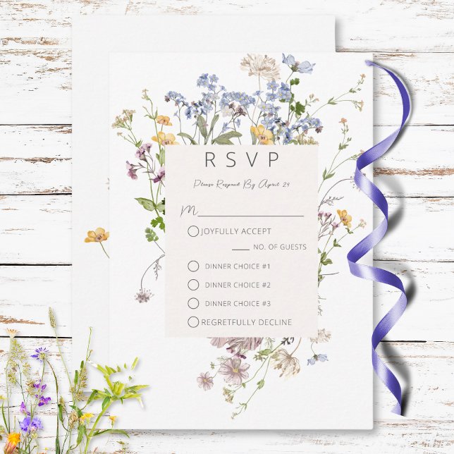 Cartão RSVP Delicate Boho Wildflower White 3 Janto (Delicate Boho Wildflowers White Three Dinner RSVP Card)