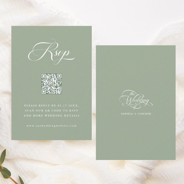Cartão RSVP Delicate Elegant Script Wedding Sage Green (Front & Back)