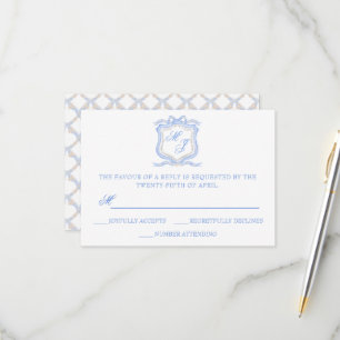 Cartão RSVP Desenhador de Cores Azuis Monogramas Casamento