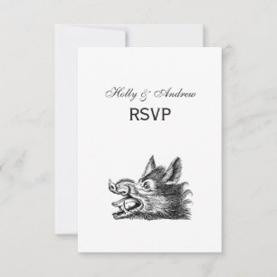 Cartão RSVP Desenho em Preto e Branco de Cabeça de Javali Anti
