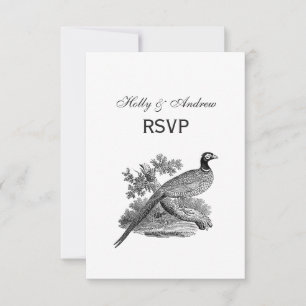 Cartão RSVP Desenho em Preto e Branco de Faisão Antigo Ave de