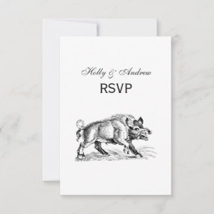 Cartão RSVP Desenho em Preto e Branco de Javali Antigo #2