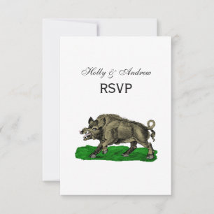 Cartão RSVP Desenho em Preto e Branco de Javali Antigo #3C